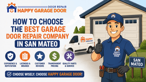 Garage door repair technician in San Mateo beside a Happy Garage Door service van